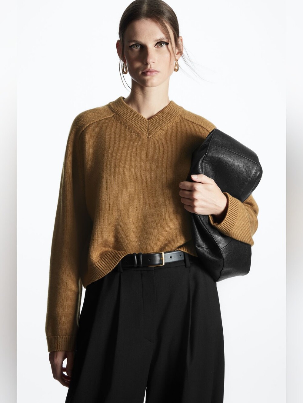 COS V-Neck Knit 100% Wool Sweater in Warm Brown XS